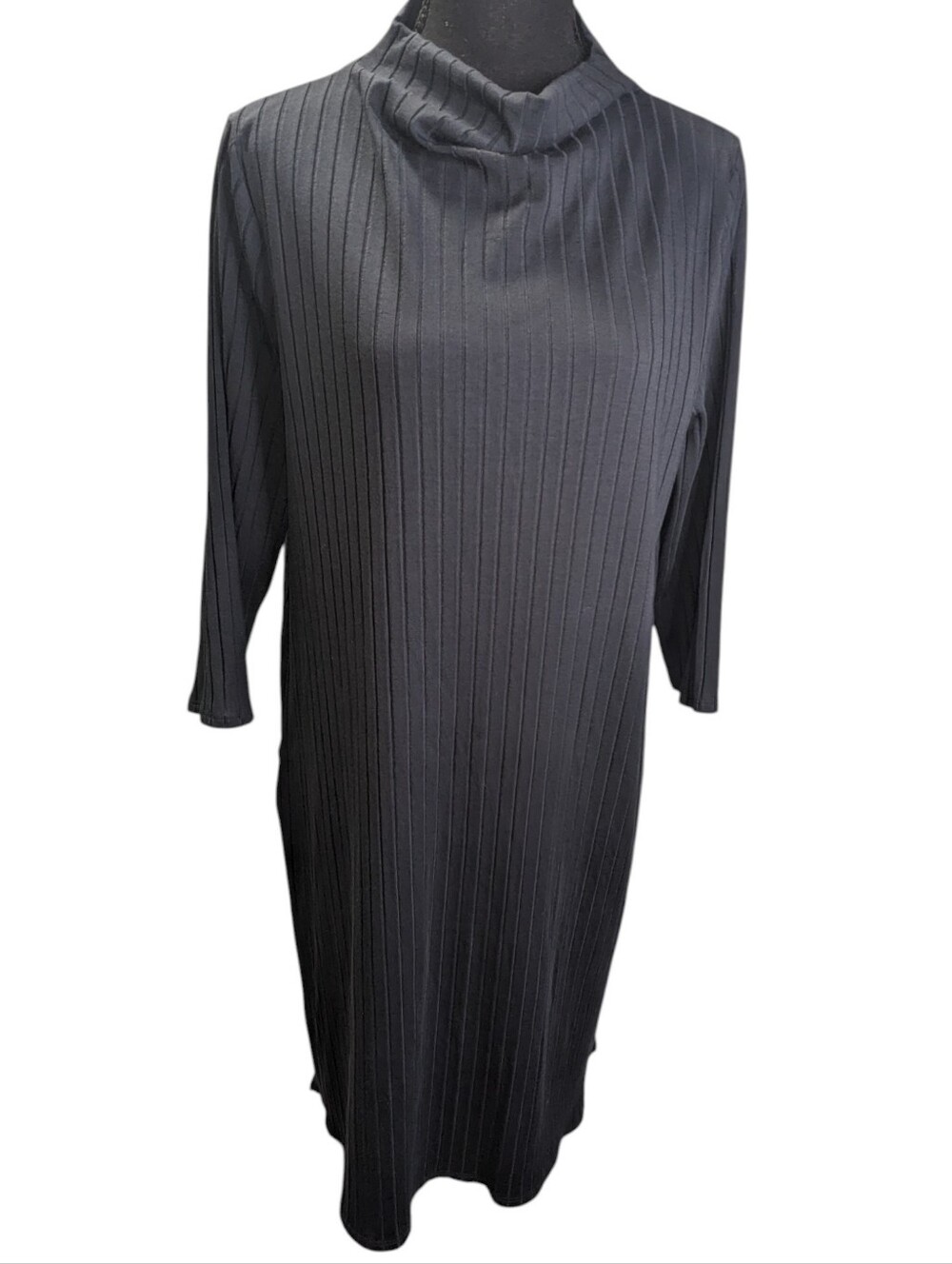 Eileen Fisher Black Ribbed Funnel Neck Long-Sleeve Cowl Neck Dress Size XL